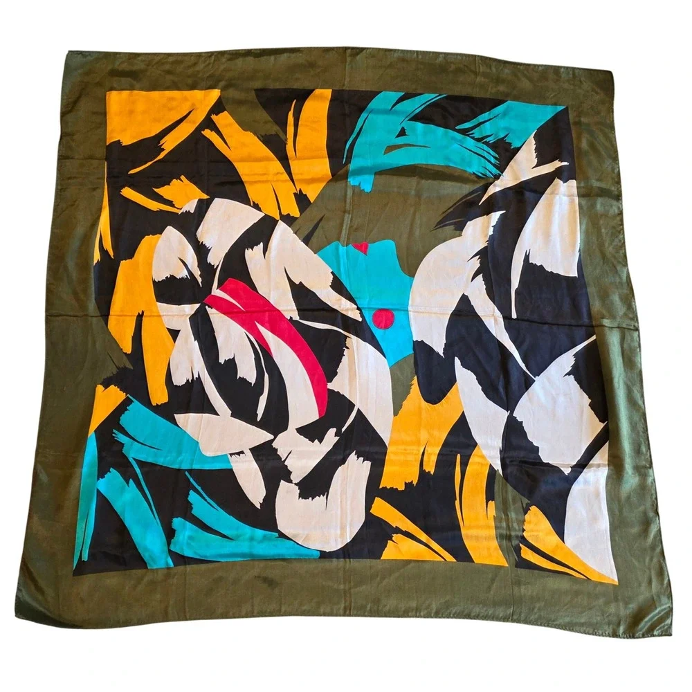 Vintage The Luxury of Silk Japan Abstract Scarf Olive Green Teal Yellow 30x30